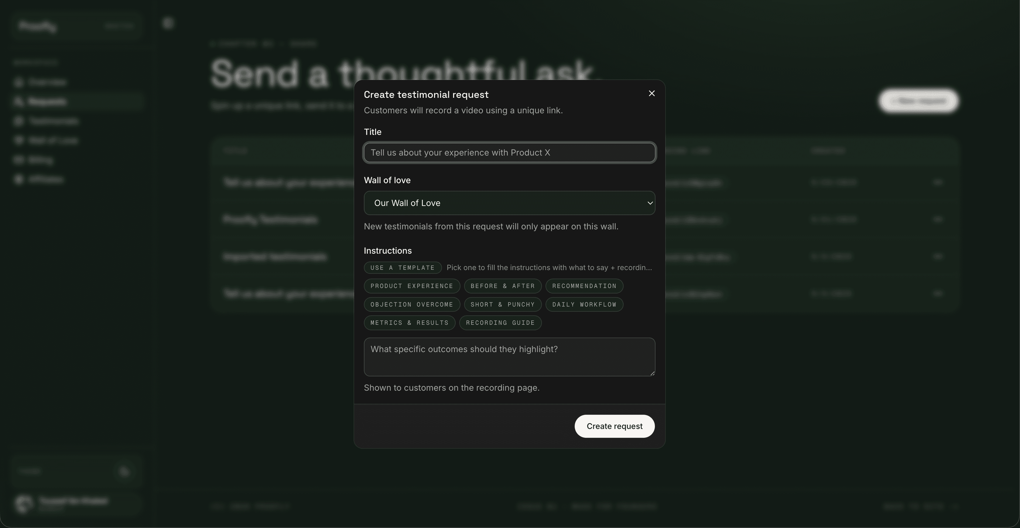 Proofly request page builder — write questions and share the collection link